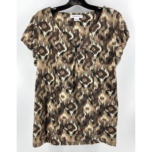 Liz Claiborne Women's Top Shirt V Neck Tunic Large Brown Geometric Pattern